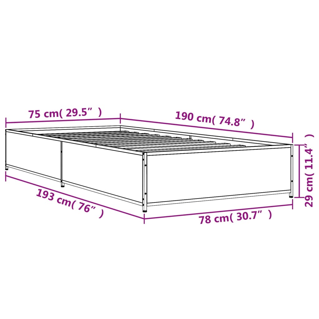 vidaXL Πλαίσιο Κρεβατιού Μαύρο 75 x 190 εκ. Επεξ. Ξύλο & Μέταλλο