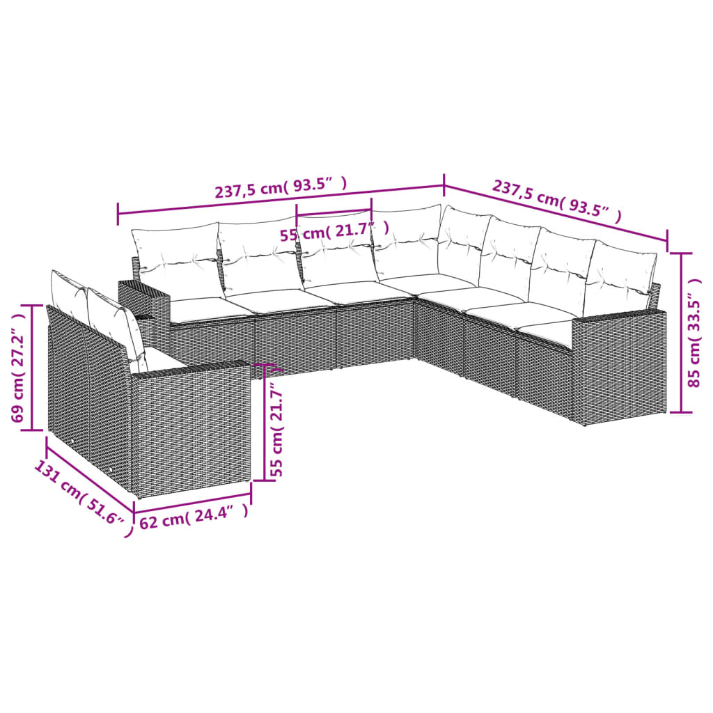 vidaXL Σαλόνι Κήπου Σετ 9 Τεμαχίων Γκρι Συνθετικό Ρατάν με Μαξιλάρια