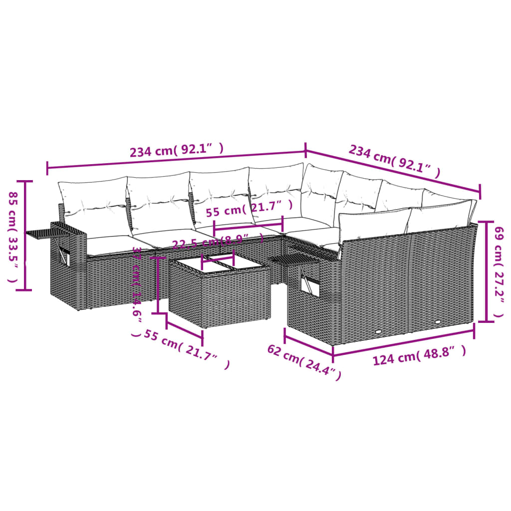 vidaXL Σαλόνι Κήπου Σετ 9 τεμ. Μπεζ Συνθετικό Ρατάν με Μαξιλάρια