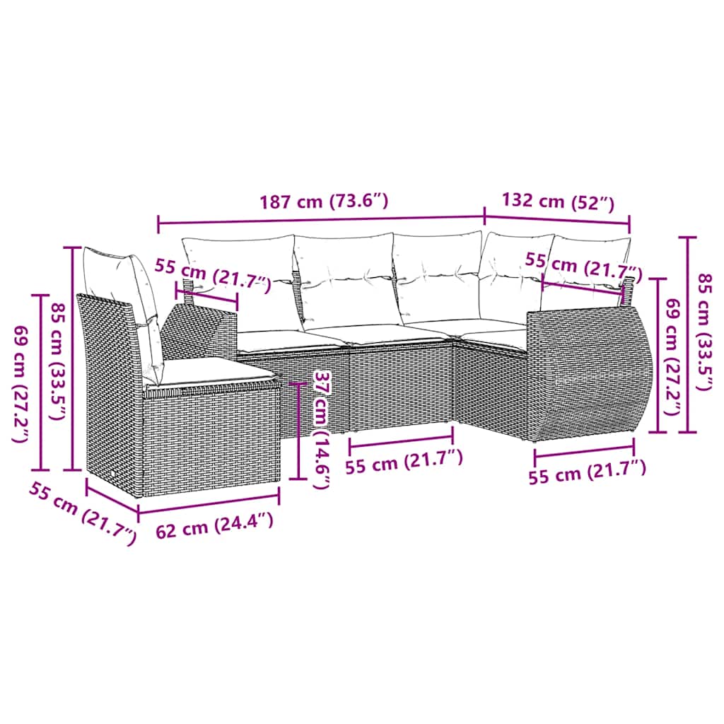 vidaXL Σετ Καναπέ Κήπου 5 Τεμαχίων Μαύρο Συνθετικό Ρατάν με Μαξιλάρια