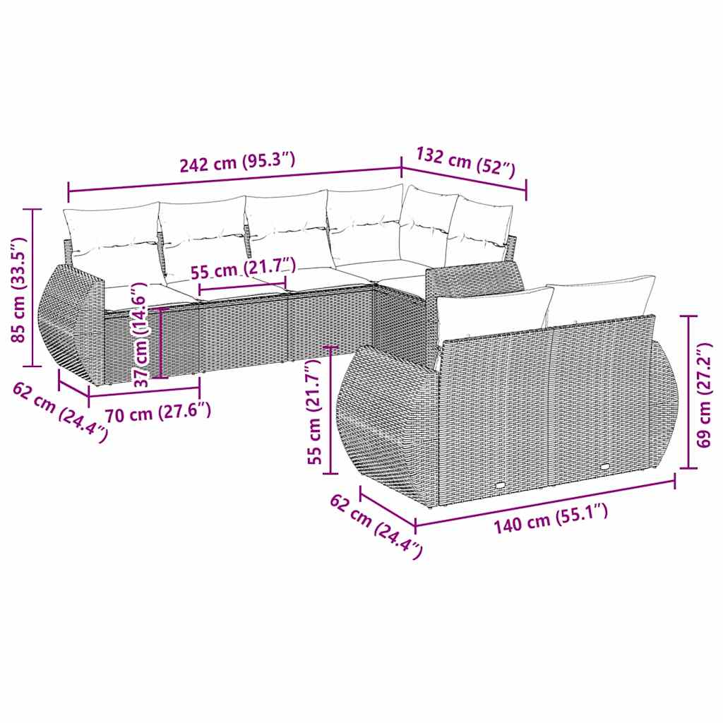 vidaXL Σαλόνι Κήπου Σετ 7 Τεμαχίων Γκρι Συνθετικό Ρατάν με Μαξιλάρια