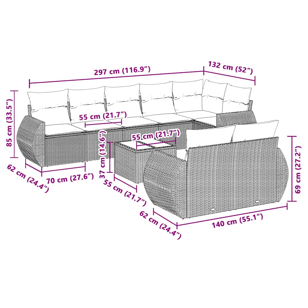 vidaXL Σαλόνι Κήπου Σετ 9 Τεμαχίων Γκρι Συνθετικό Ρατάν με Μαξιλάρια