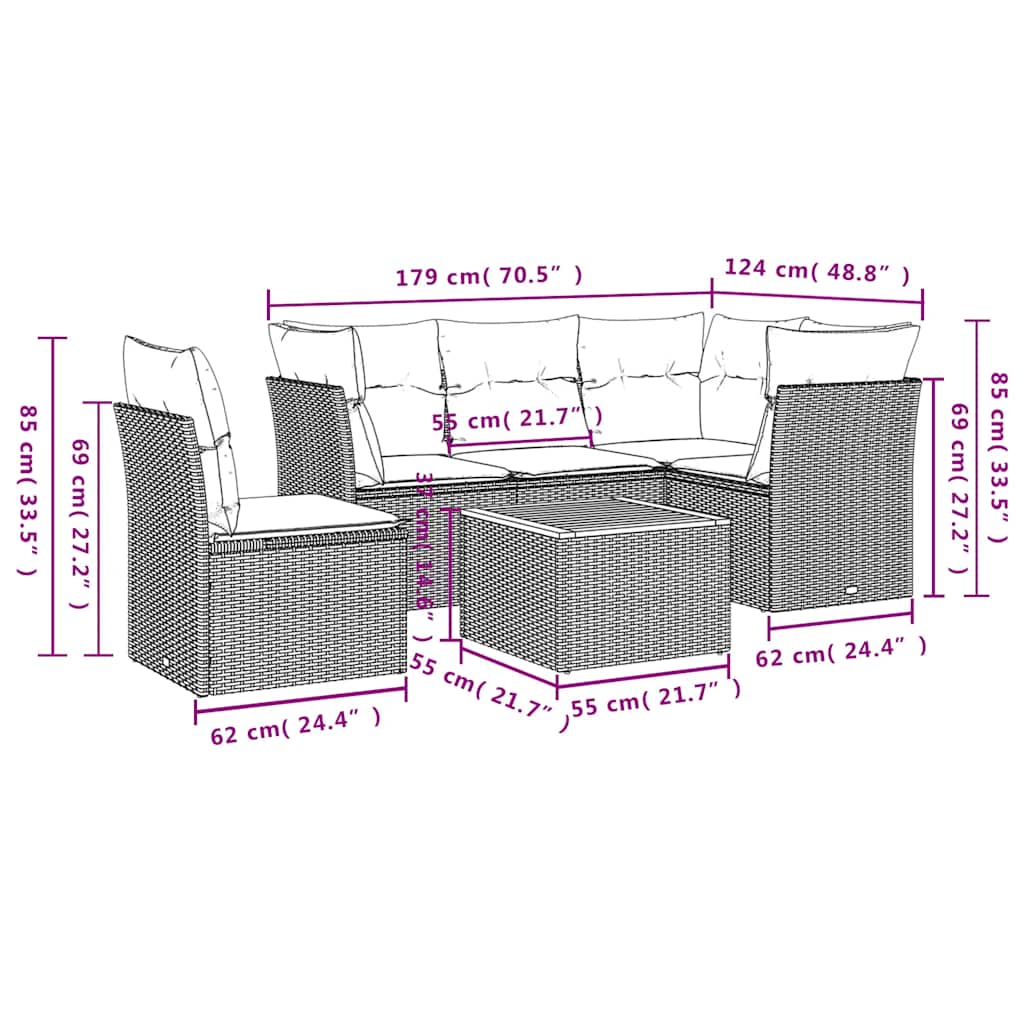 vidaXL Σετ Σαλονιού Κήπου 6 τεμ. Γκρι Συνθετικό Ρατάν με Μαξιλάρια