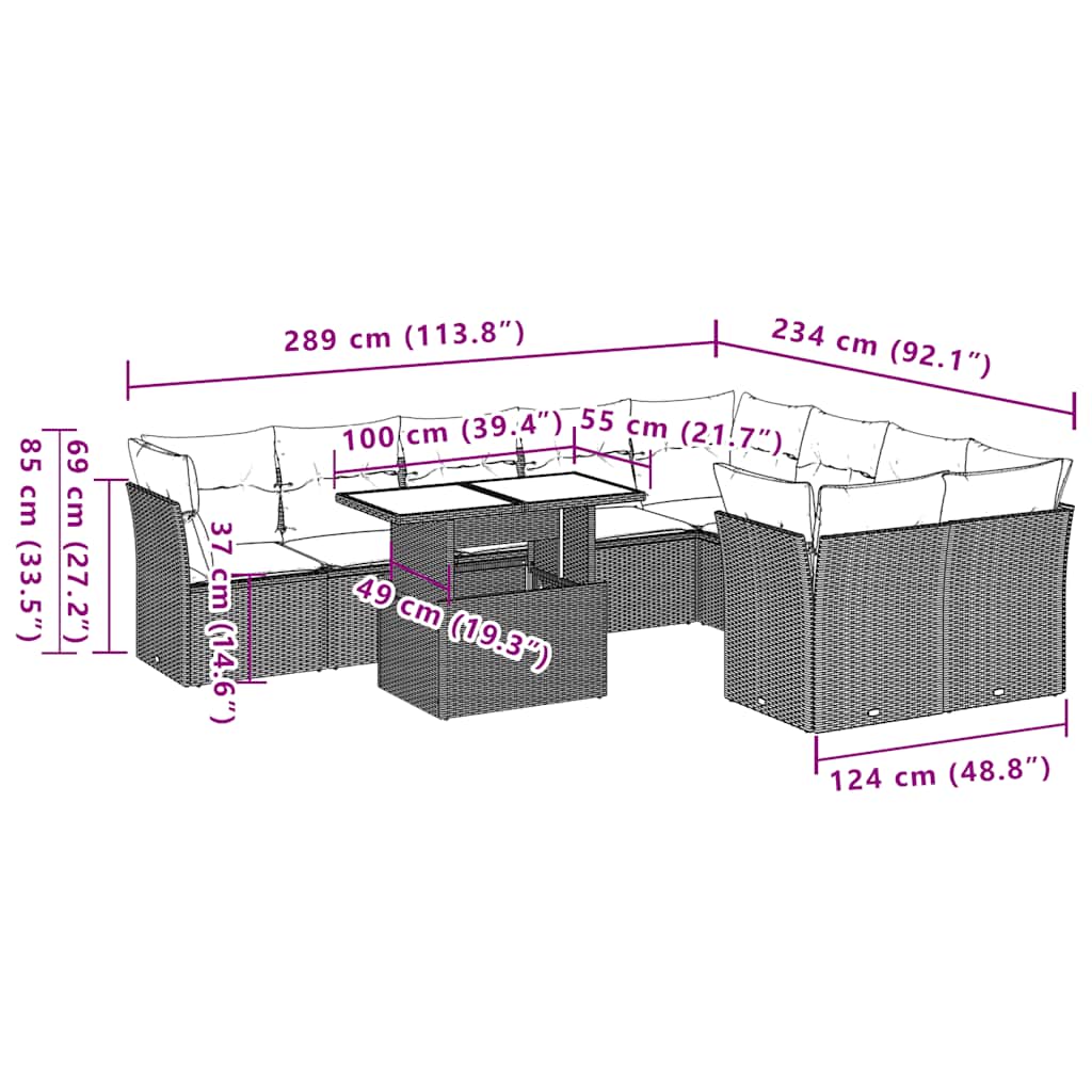 vidaXL Σαλόνι Κήπου Σετ 10 Τεμαχίων Μαύρο Συνθετικό Ρατάν με Μαξιλάρια