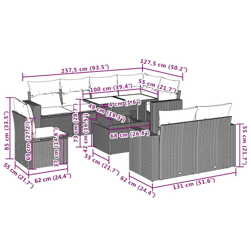 vidaXL Σαλόνι Κήπου Σετ 9 τεμ. Μπεζ Συνθετικό Ρατάν με Μαξιλάρια