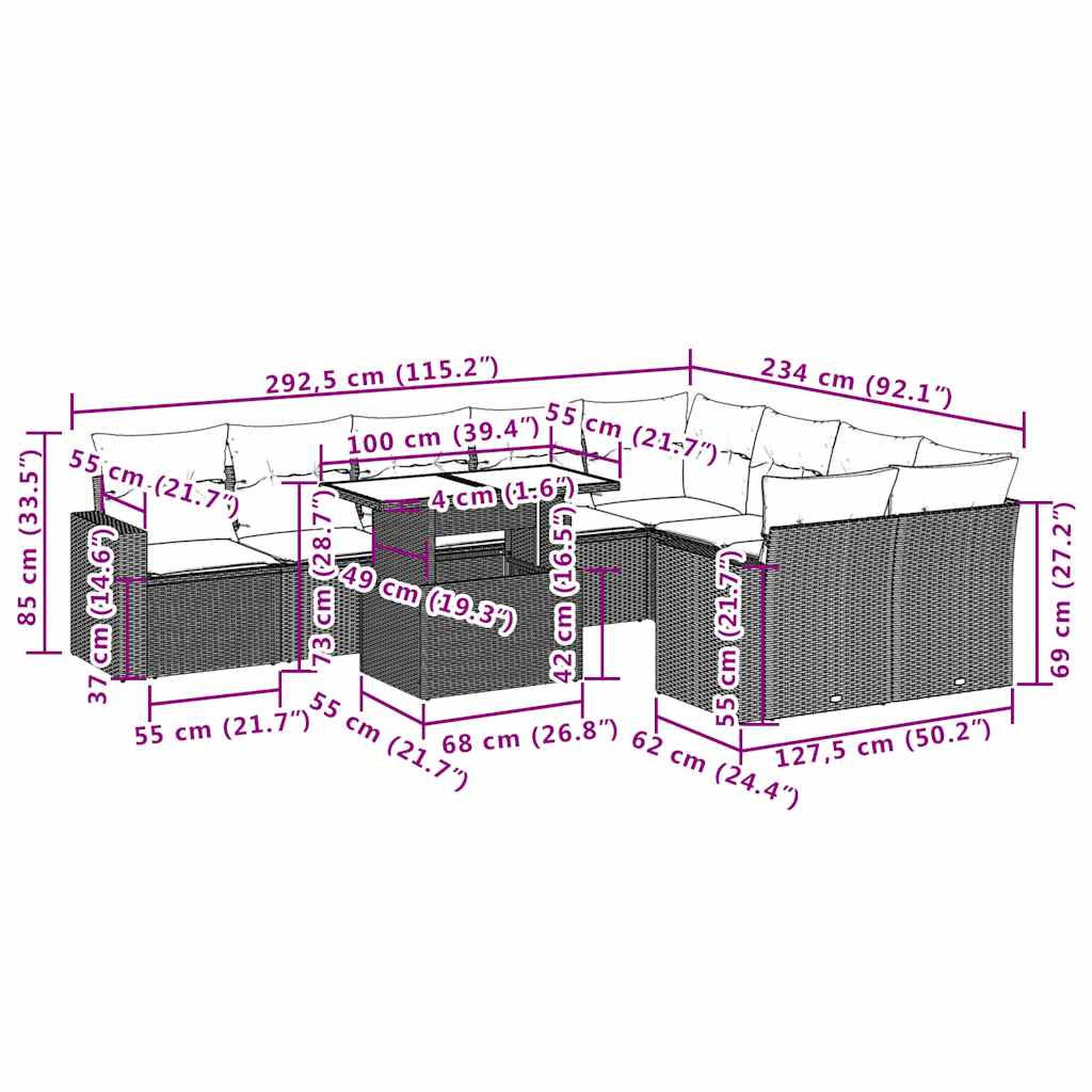 vidaXL Σετ Καναπέ Κήπου 10 τεμ. Μπεζ Συνθετικό Ρατάν με Μαξιλάρια