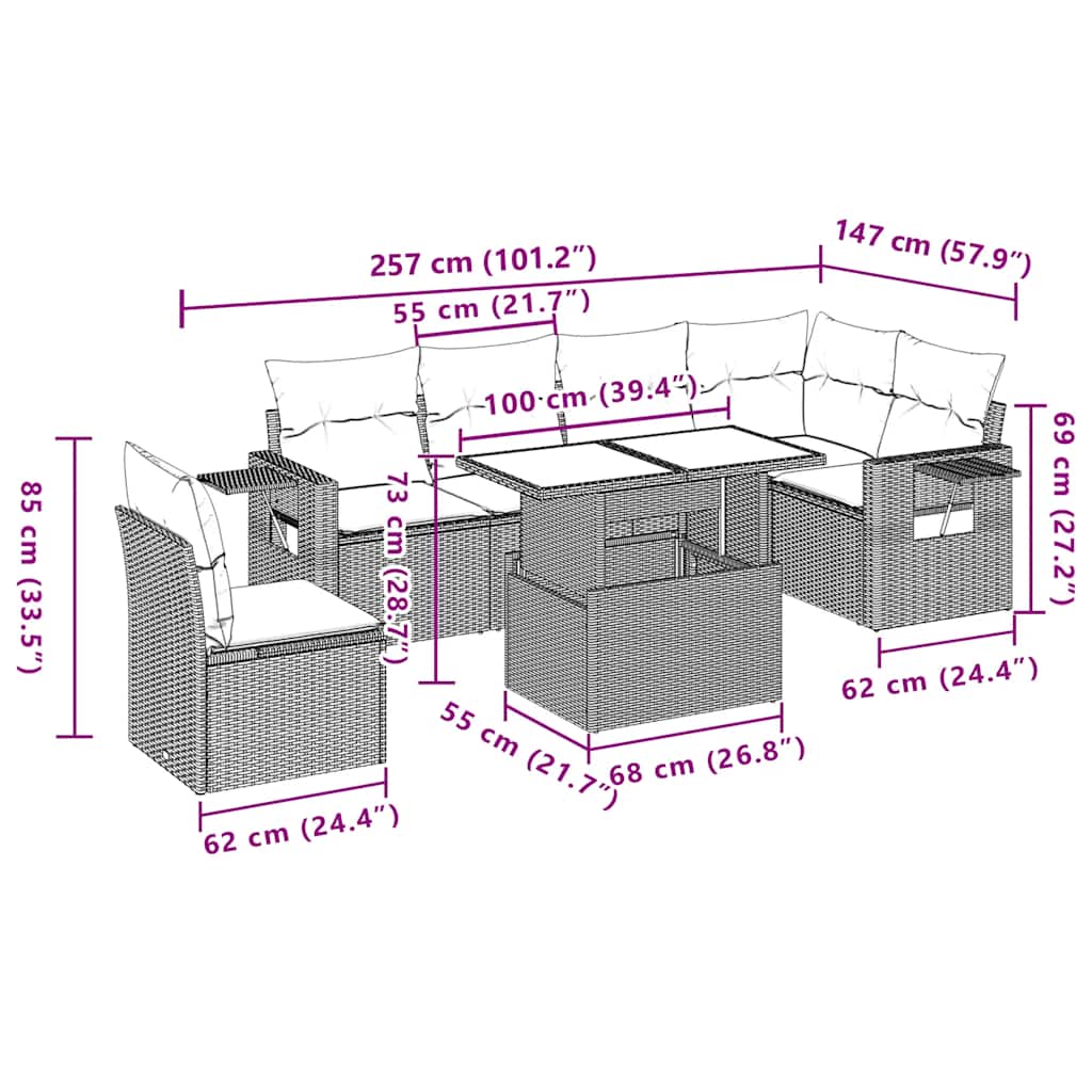 vidaXL Σαλόνι Κήπου Σετ 7 Τεμαχίων Γκρι Συνθετικό Ρατάν με Μαξιλάρια