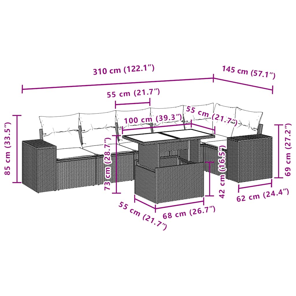 vidaXL Σετ Καναπέδων Κήπου 7 Τεμαχίων με Μαξιλάρια Γκρι από Συνθετικό Ρατάν