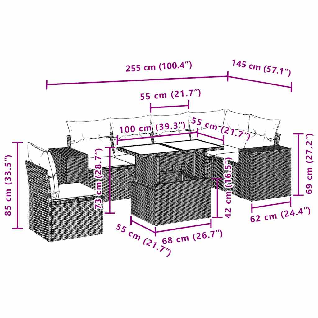 vidaXL Καναπές Σετ 7 Τεμαχίων Μαύρο Συνθετικό Ρατάν με Μαξιλάρια