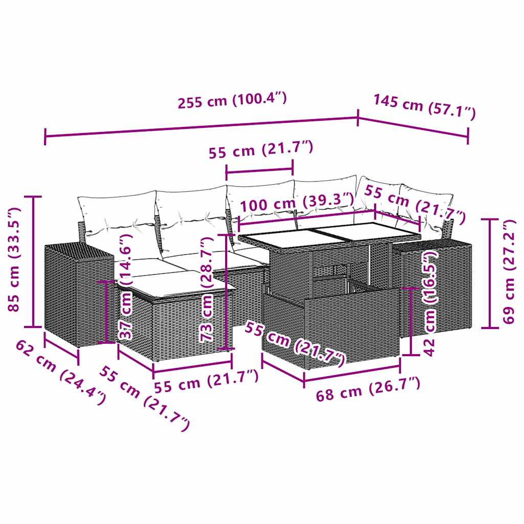 vidaXL Σετ Καναπέδων Κήπου 7 Τεμαχίων με Μαξιλάρια Γκρι από Συνθετικό Ρατάν