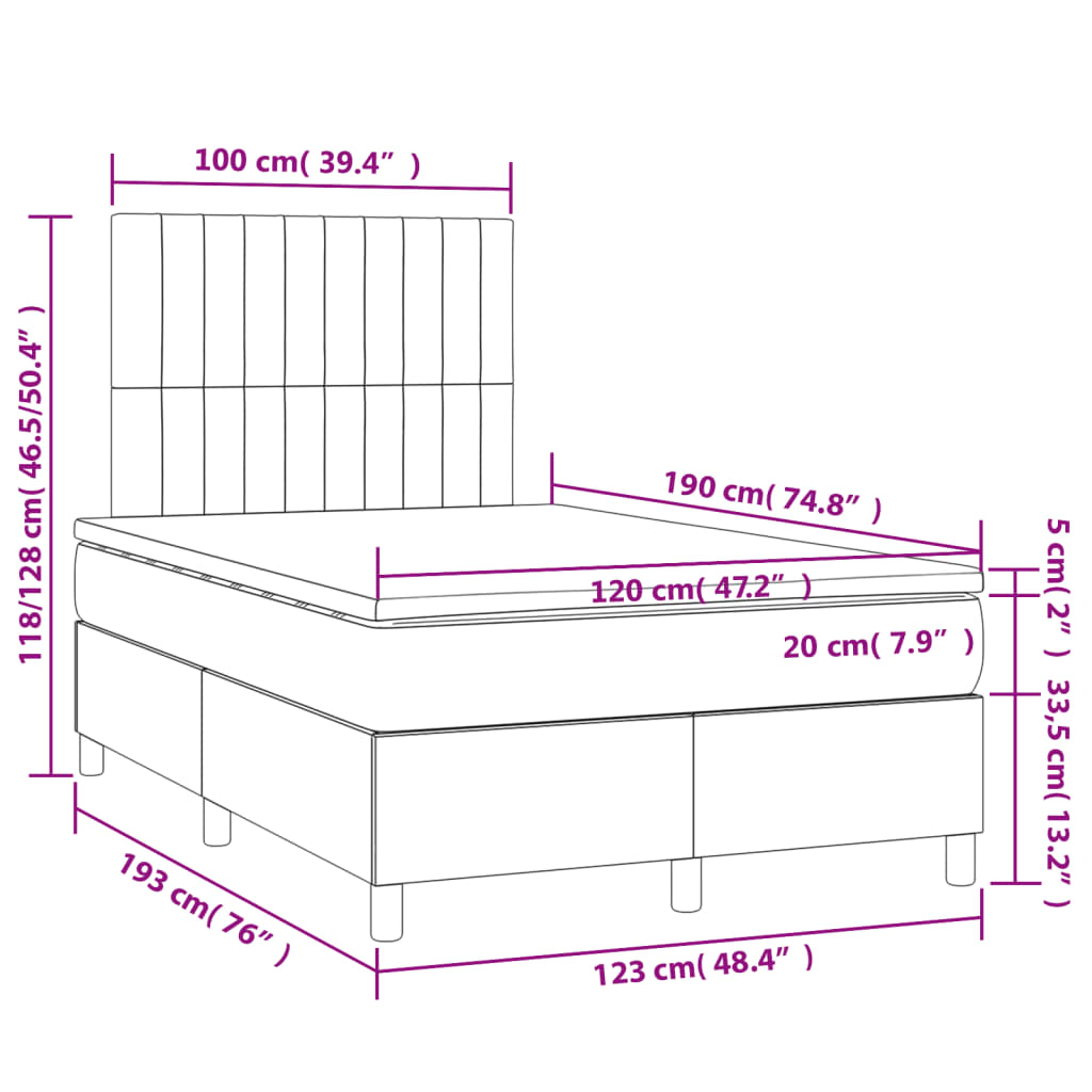vidaXL Κρεβάτι Boxspring με Στρώμα Σκούρο Γκρι 120x190 εκ Υφασμάτινο