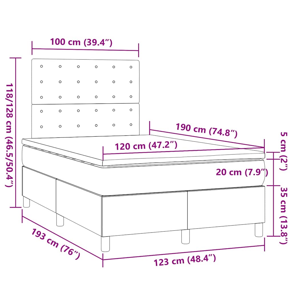 vidaXL Κρεβάτι Boxspring με Στρώμα Σκούρο Καφέ 120x190 εκ Υφασμάτινο