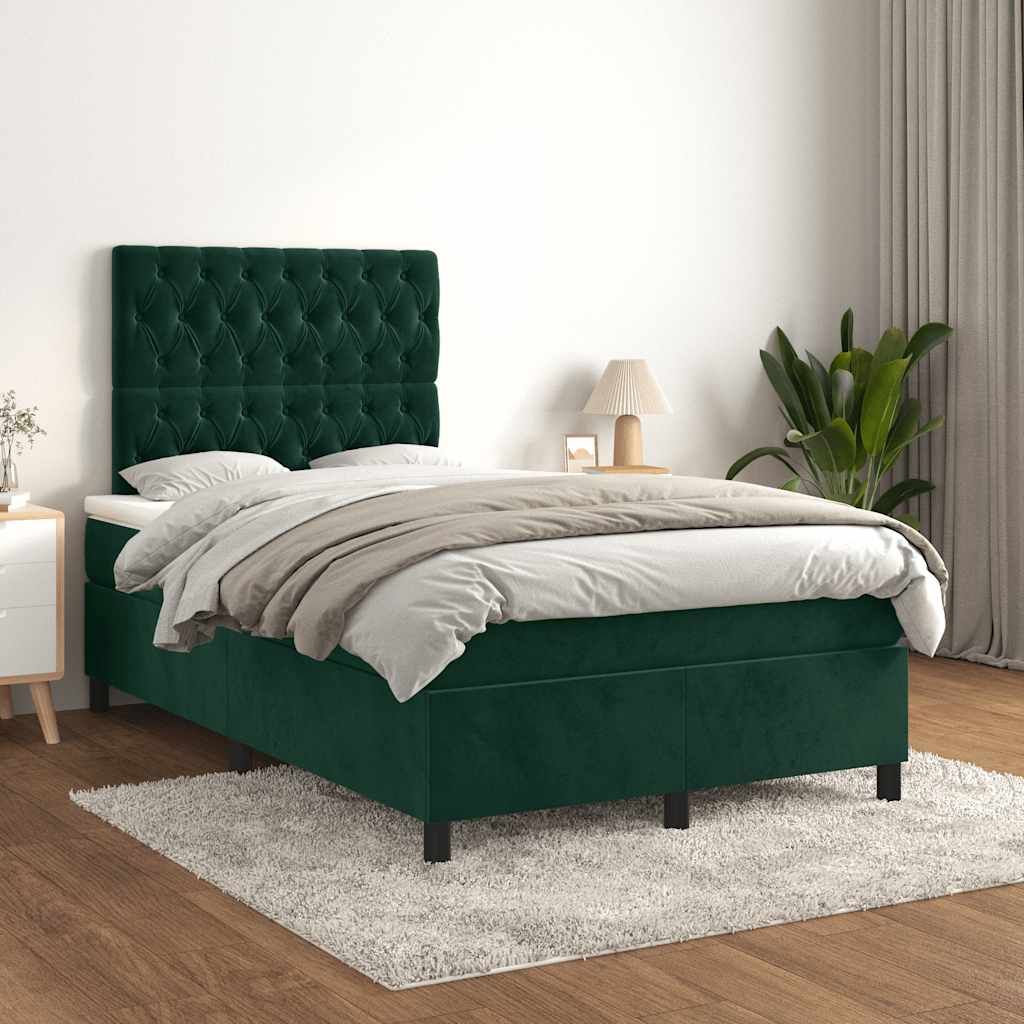 vidaXL Κρεβάτι Boxspring με Στρώμα Σκούρο Πράσινο 120x190εκ. Βελούδινο