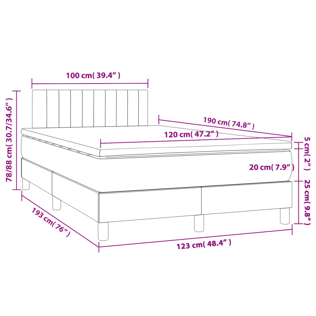 vidaXL Κρεβάτι Boxspring με Στρώμα & LED Αν.Γκρι 120x190εκ. Υφασμάτινο