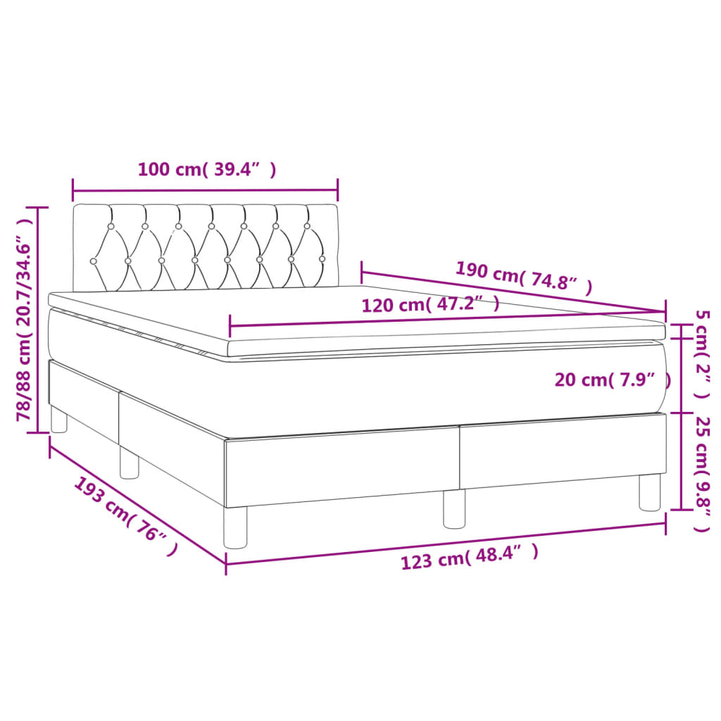 vidaXL Κρεβάτι Boxspring με Στρώμα & LED Κρεμ 120x190 εκ. Υφασμάτινο