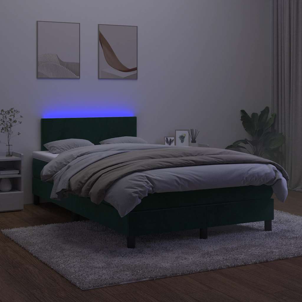 vidaXL Κρεβάτι Boxspring με Στρώμα & LED Σκ. Πράσινο 120x190εκ Βελούδο