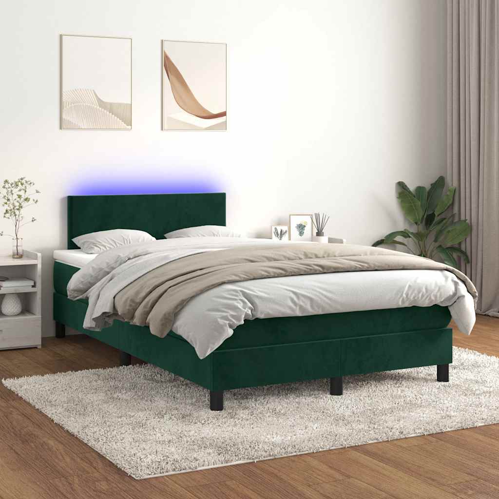 vidaXL Κρεβάτι Boxspring με Στρώμα & LED Σκ. Πράσινο 120x190εκ Βελούδο