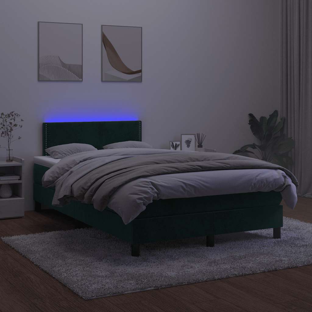 vidaXL Κρεβάτι Boxspring με Στρώμα & LED Σκ. Πράσινο 120x190εκ Βελούδο
