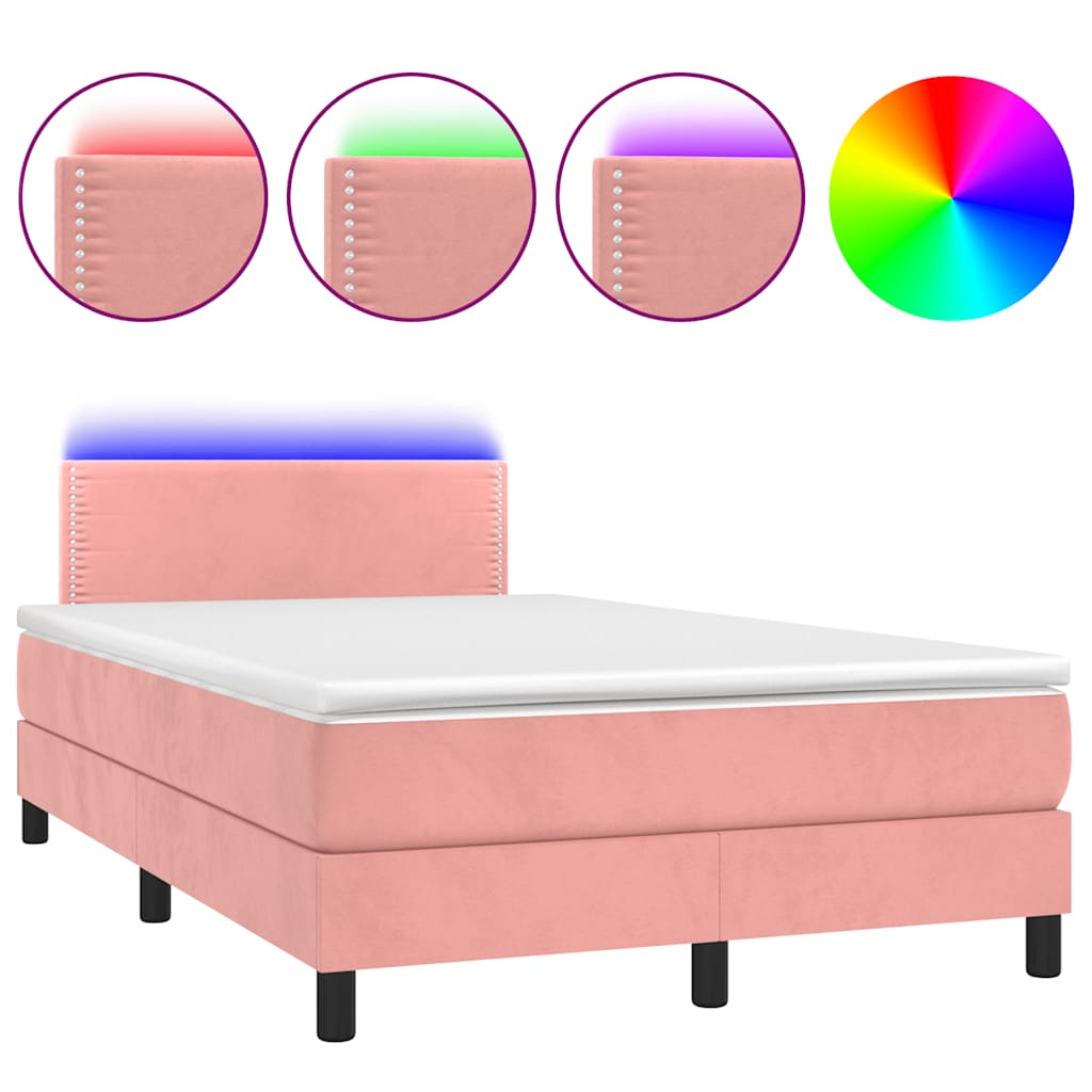 vidaXL Κρεβάτι Boxspring με Στρώμα & LED Ροζ 120x190 εκ. Βελούδινο