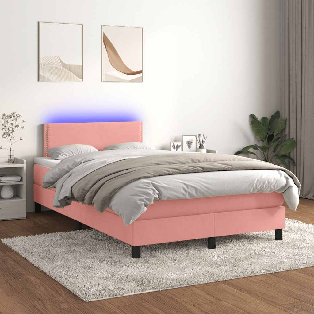 vidaXL Κρεβάτι Boxspring με Στρώμα & LED Ροζ 120x190 εκ. Βελούδινο