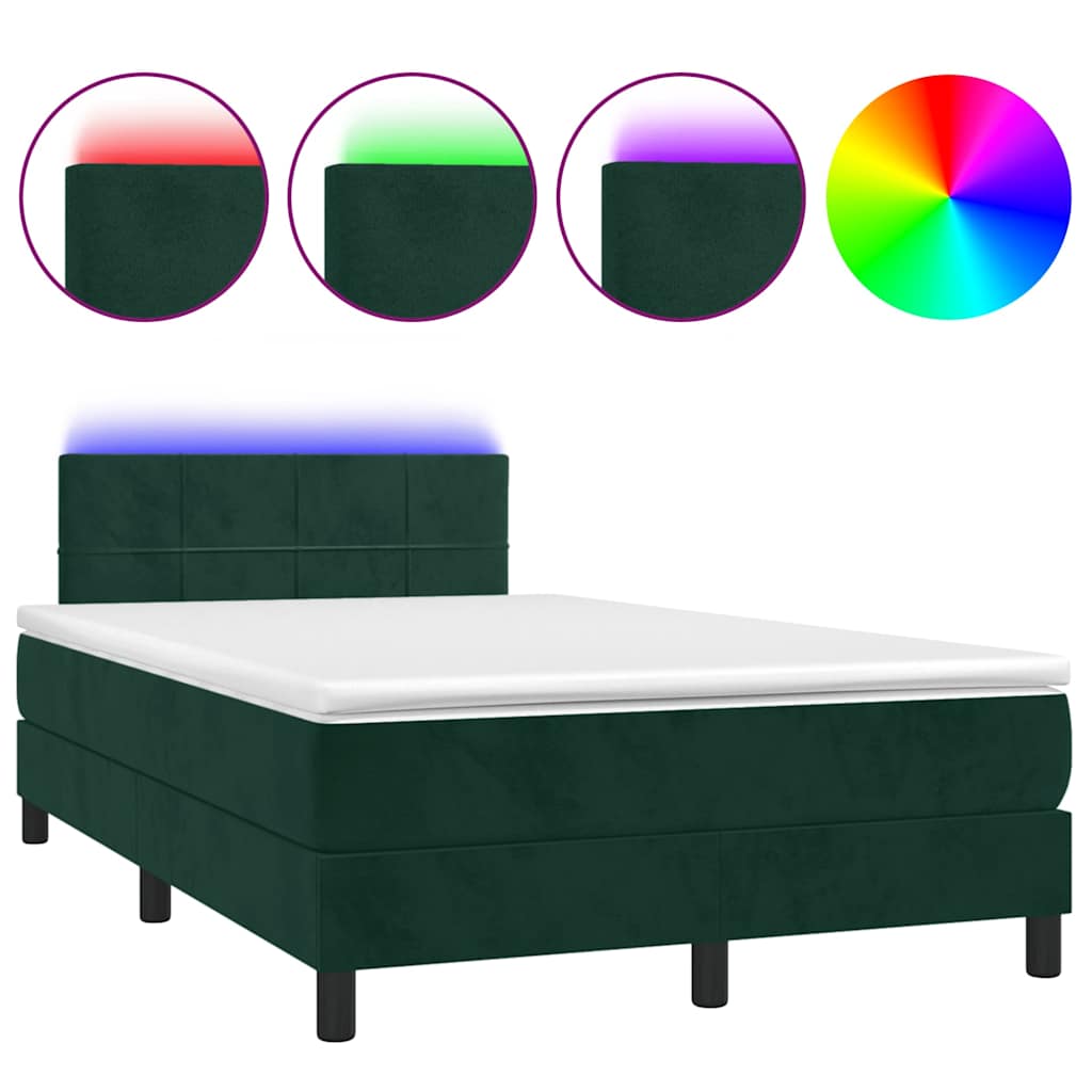vidaXL Κρεβάτι Boxspring με Στρώμα & LED Σκ. Πράσινο 120x190εκ Βελούδο