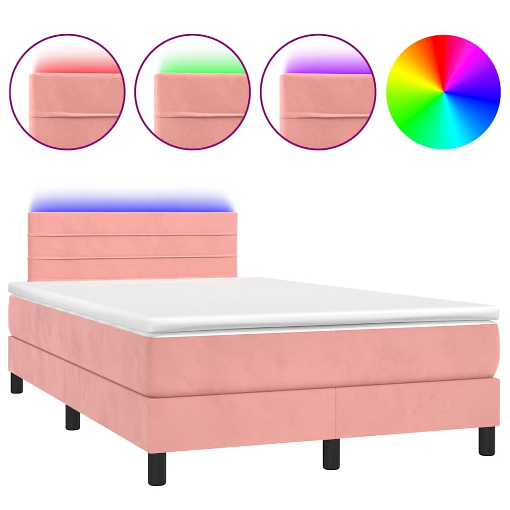 vidaXL Κρεβάτι Boxspring με Στρώμα & LED Ροζ 120x190 εκ. Βελούδινο