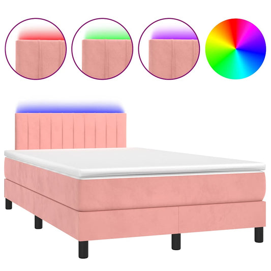 vidaXL Κρεβάτι Boxspring με Στρώμα & LED Ροζ 120x190 εκ. Βελούδινο