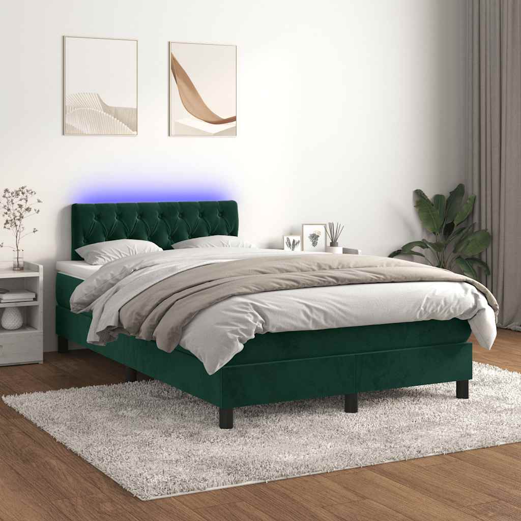 vidaXL Κρεβάτι Boxspring με Στρώμα & LED Σκ. Πράσινο 120x190εκ Βελούδο
