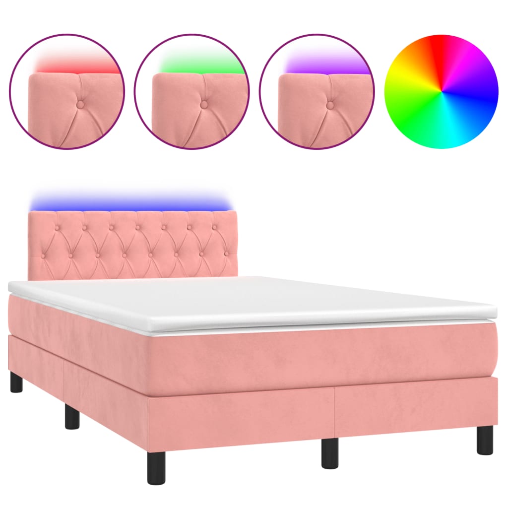 vidaXL Κρεβάτι Boxspring με Στρώμα & LED Ροζ 120x190 εκ. Βελούδινο