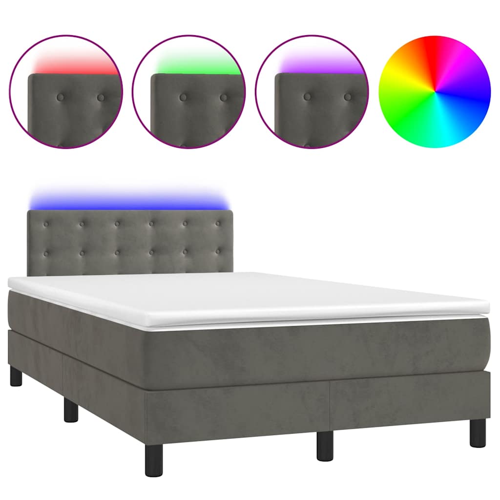 vidaXL Κρεβάτι Boxspring με Στρώμα & LED Σκ.Γκρι 120x190εκ. Βελούδινο