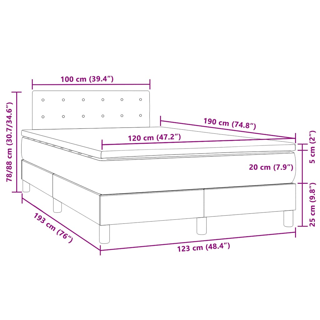 vidaXL Κρεβάτι Boxspring με Στρώμα & LED Μαύρο 120x190 εκ. Βελούδινο
