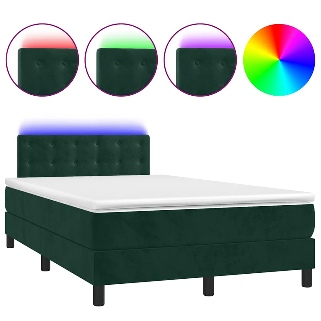 vidaXL Κρεβάτι Boxspring με Στρώμα & LED Σκ. Πράσινο 120x190εκ Βελούδο