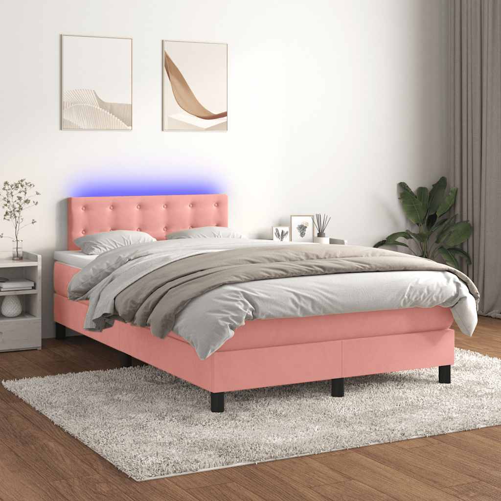 vidaXL Κρεβάτι Boxspring με Στρώμα & LED Ροζ 120x190 εκ. Βελούδινο