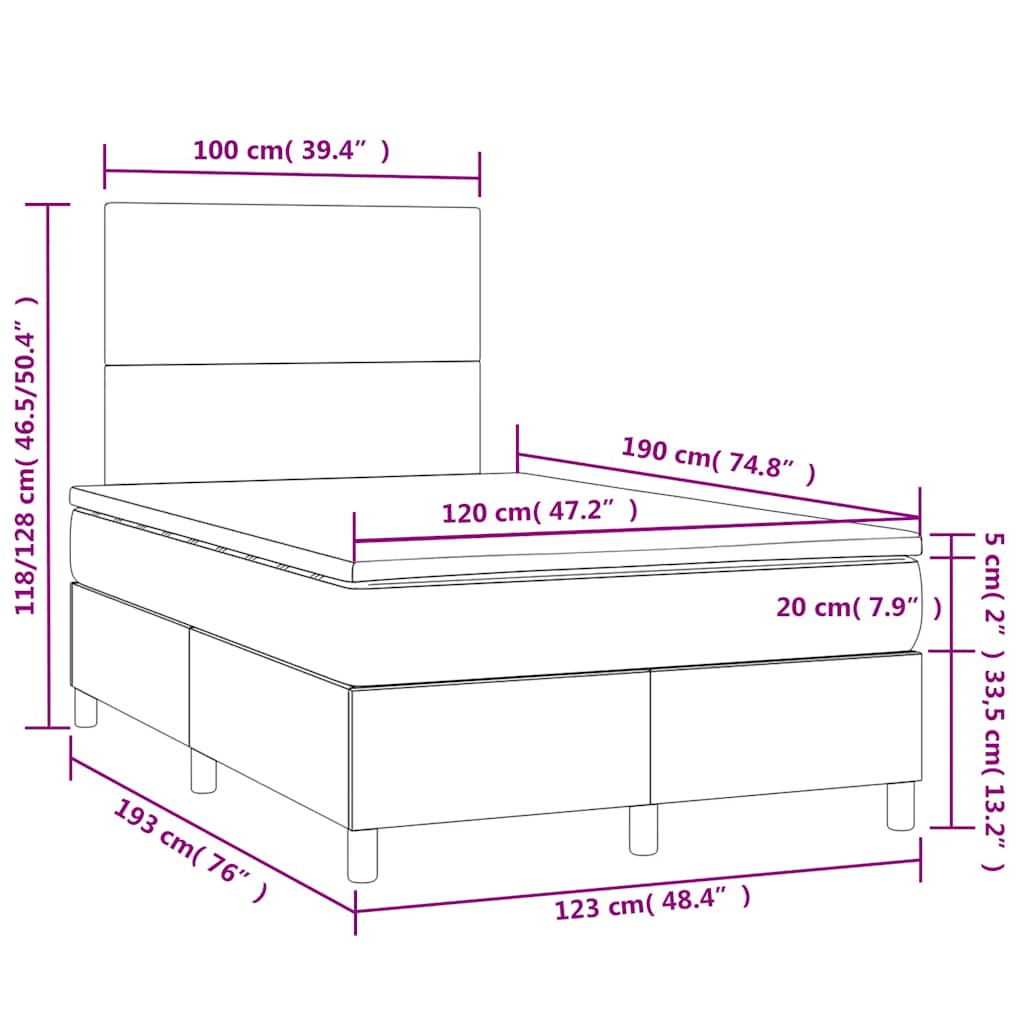 vidaXL Κρεβάτι Boxspring με Στρώμα & LED Σκ.Γκρι 120x190εκ. Υφασμάτινο