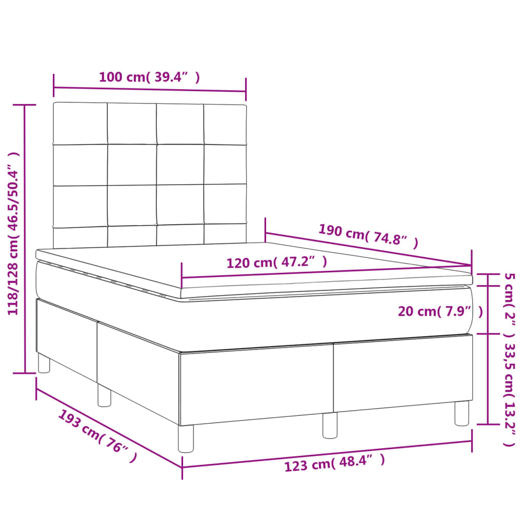 vidaXL Κρεβάτι Boxspring με Στρώμα & LED Μαύρο 120x190 εκ. Υφασμάτινο