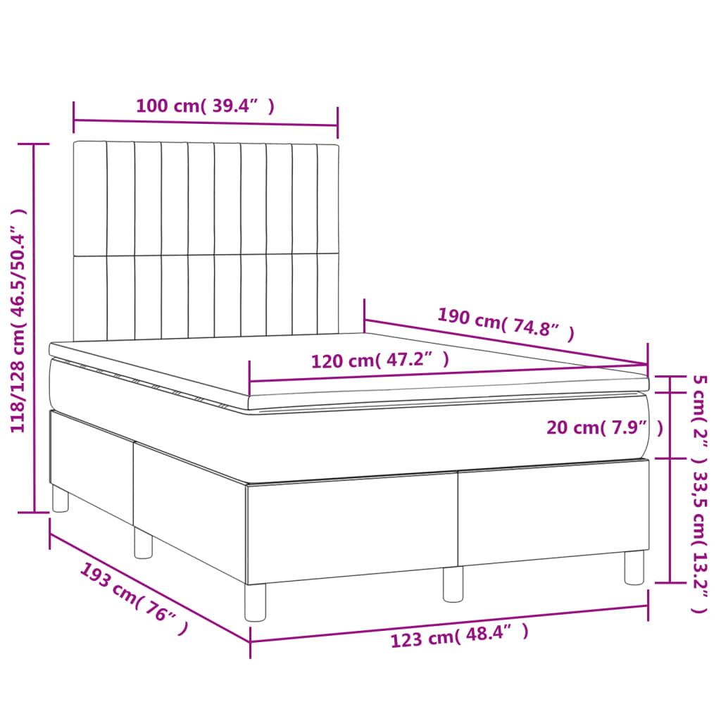 vidaXL Κρεβάτι Boxspring με Στρώμα & LED Αν.Γκρι 120x190εκ. Υφασμάτινο