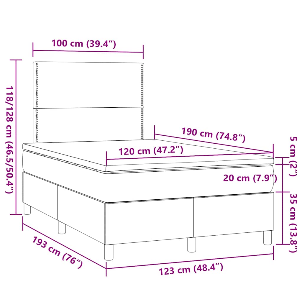 vidaXL Κρεβάτι Boxspring με Στρώμα & LED Taupe 120x190 εκ. Υφασμάτινο