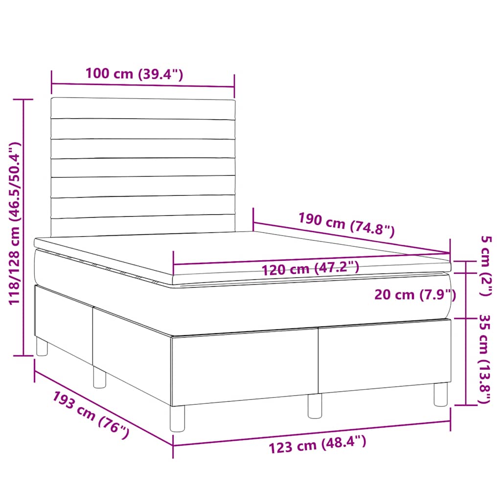 vidaXL Κρεβάτι Boxspring με Στρώμα & LED Κρεμ 120x190 εκ. Υφασμάτινο