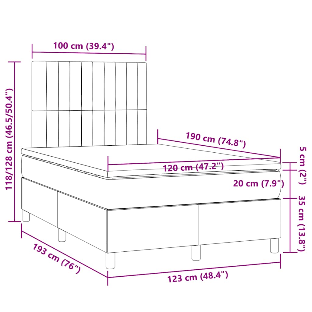 vidaXL Κρεβάτι Boxspring με Στρώμα & LED Taupe 120x190 εκ. Υφασμάτινο