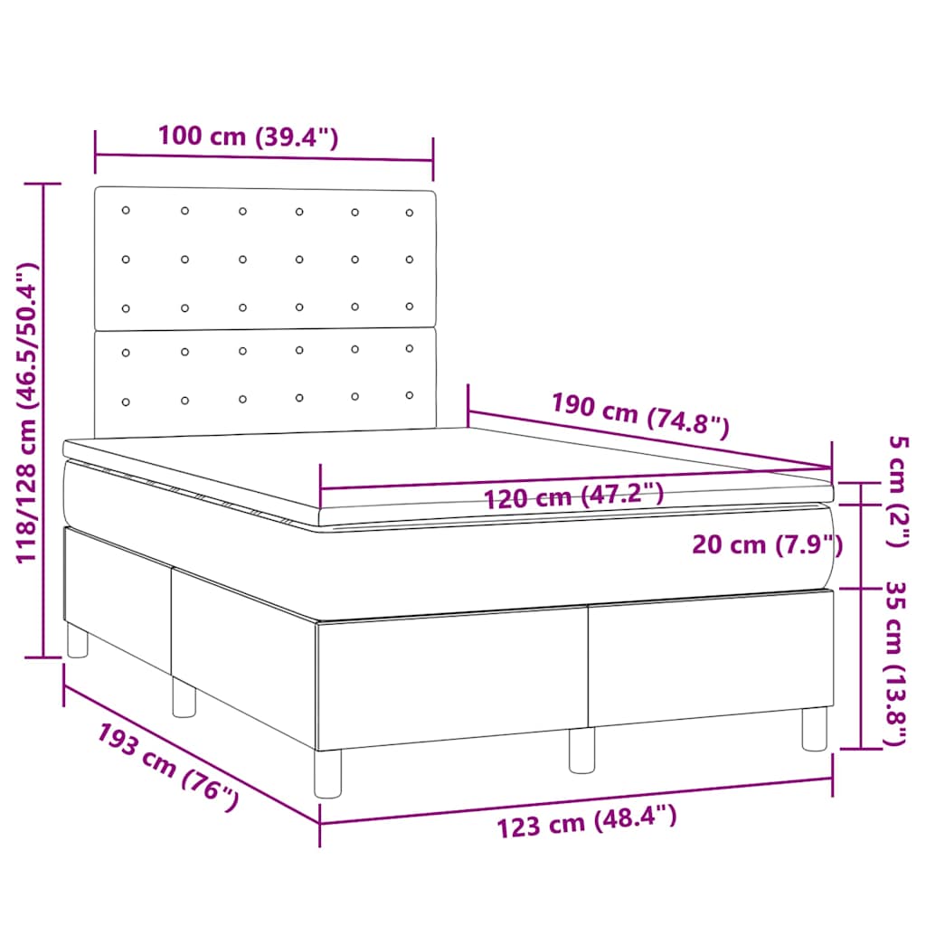 vidaXL Κρεβάτι Boxspring με Στρώμα & LED Taupe 120x190 εκ. Υφασμάτινο