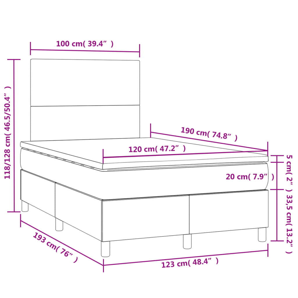 vidaXL Κρεβάτι Boxspring με Στρώμα & LED Αν.Γκρι 120x190εκ. Βελούδινο
