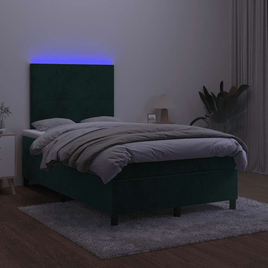 vidaXL Κρεβάτι Boxspring με Στρώμα & LED Σκ. Πράσινο 120x190εκ Βελούδο