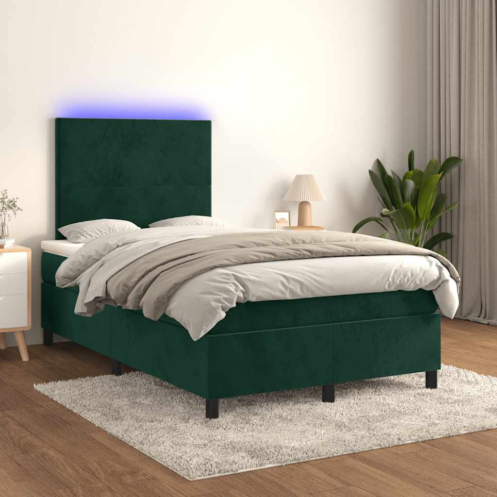 vidaXL Κρεβάτι Boxspring με Στρώμα & LED Σκ. Πράσινο 120x190εκ Βελούδο