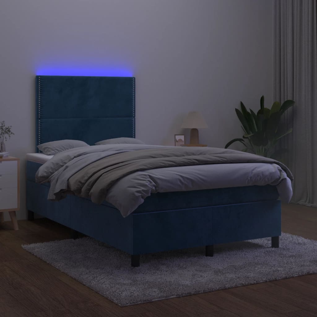 vidaXL Κρεβάτι Boxspring με Στρώμα & LED Σκ. Μπλε 120x190εκ. Βελούδινο