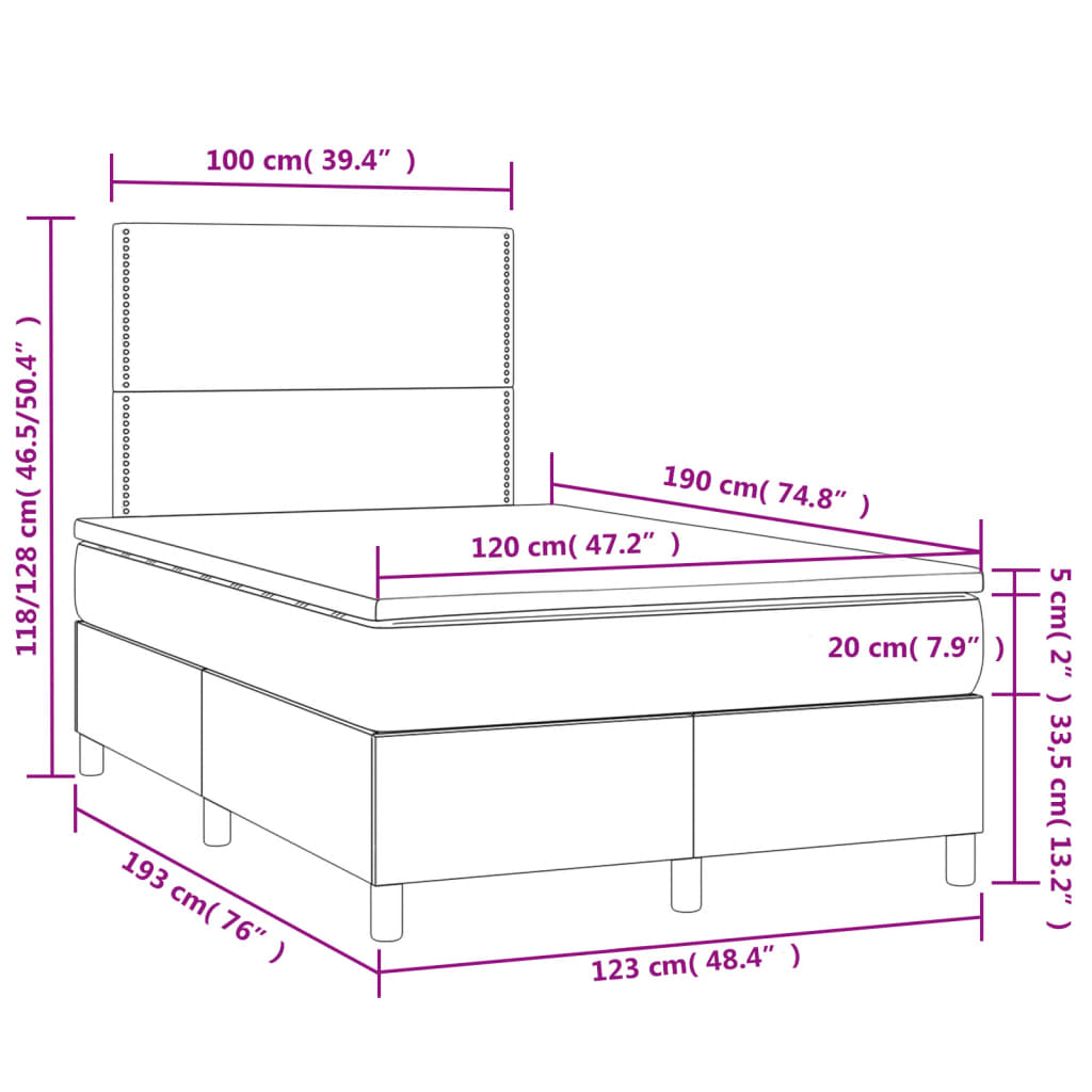 vidaXL Κρεβάτι Boxspring με Στρώμα & LED Σκ. Μπλε 120x190εκ. Βελούδινο