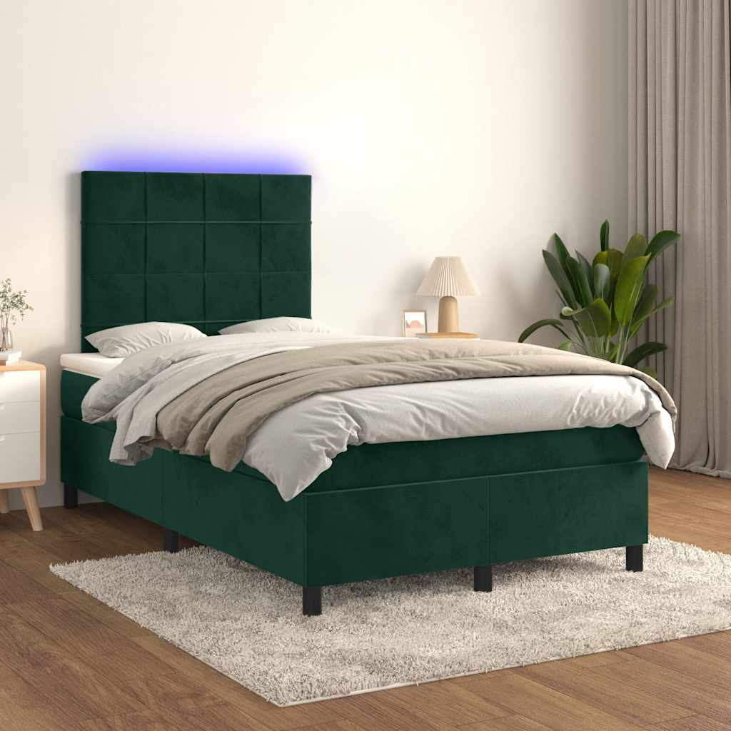 vidaXL Κρεβάτι Boxspring με Στρώμα & LED Σκ. Πράσινο 120x190εκ Βελούδο