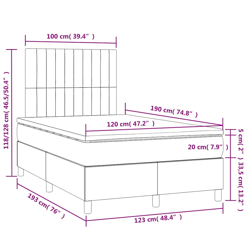 vidaXL Κρεβάτι Boxspring με Στρώμα & LED Σκ. Πράσινο 120x190εκ Βελούδο