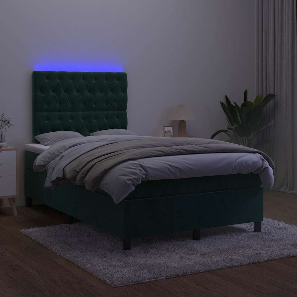 vidaXL Κρεβάτι Boxspring με Στρώμα & LED Σκ. Πράσινο 120x190εκ Βελούδο