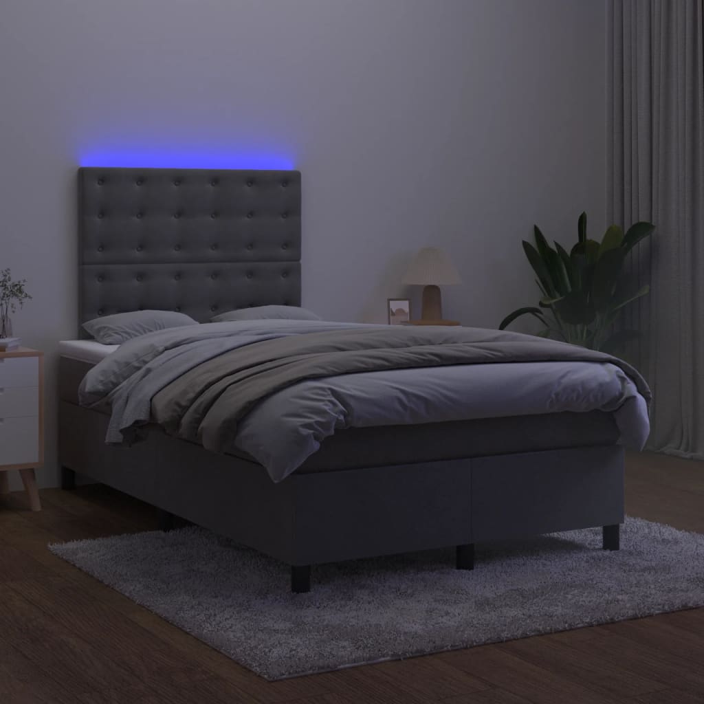 vidaXL Κρεβάτι Boxspring με Στρώμα & LED Σκ.Γκρι 120x190εκ. Βελούδινο