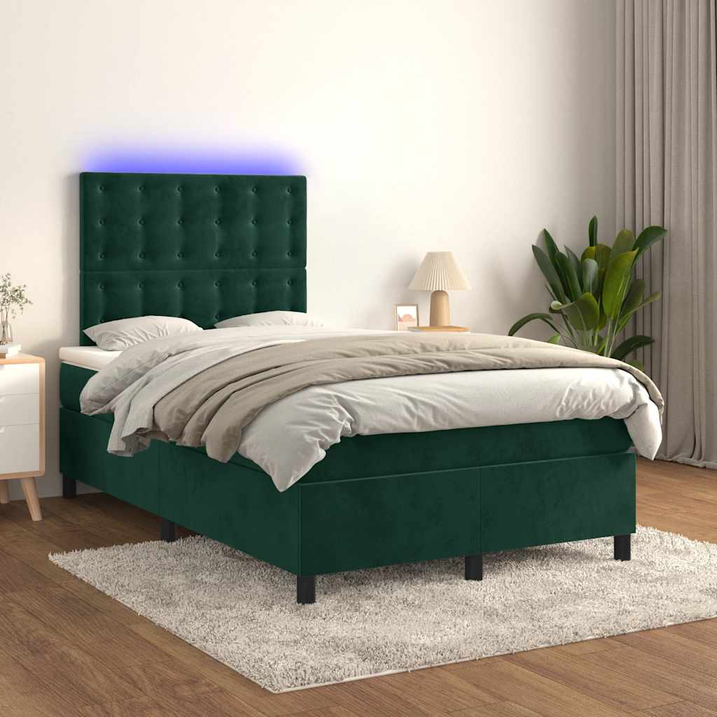 vidaXL Κρεβάτι Boxspring με Στρώμα & LED Σκ. Πράσινο 120x190εκ Βελούδο